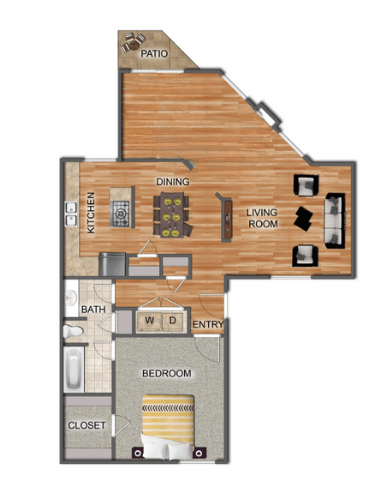 Floor plan for 1 bed, 1 bath, 900 sqft